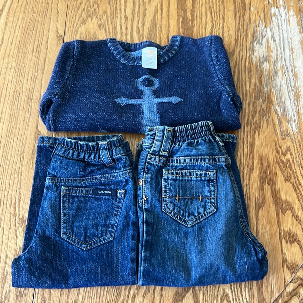 Gymboree Anchor Print Navy Sweater w/2 Pairs of Jeans Size 18/24mo